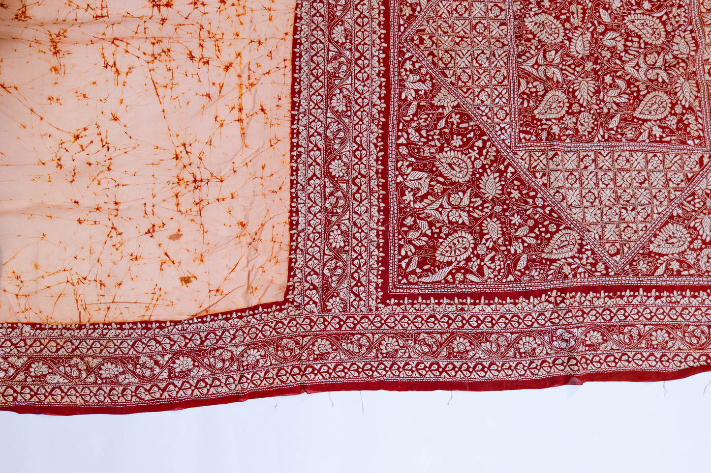 Naagdamini~ Deep Maroon & Ivory Pure Crepe Silk Saree with Hand Batik & Kantha Embroidery – A Heritage Weave from Bengal