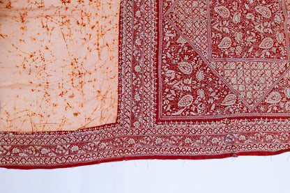 Naagdamini~ Deep Maroon & Ivory Pure Crepe Silk Saree with Hand Batik & Kantha Embroidery – A Heritage Weave from Bengal