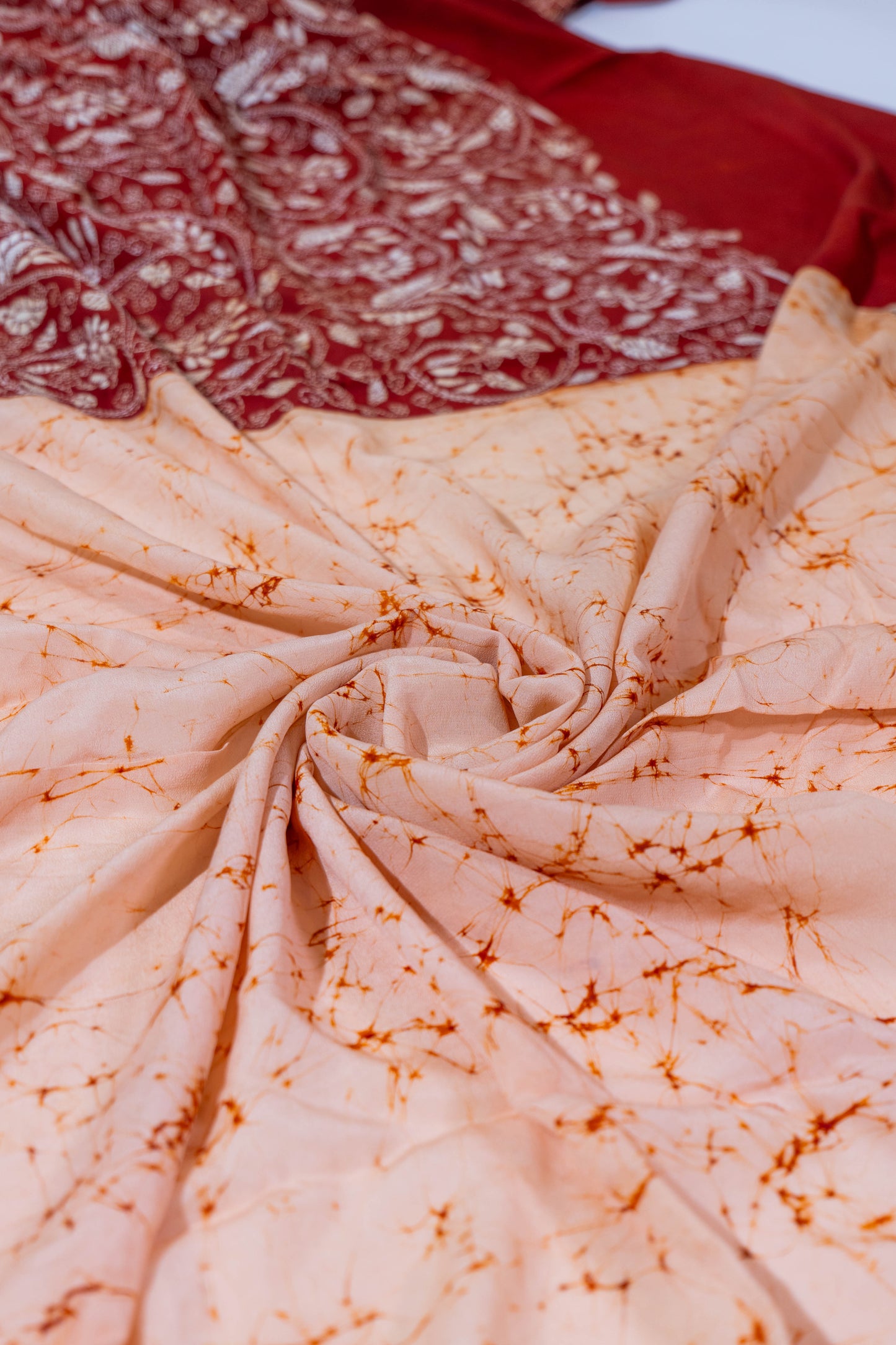 Naagdamini~ Deep Maroon & Ivory Pure Crepe Silk Saree with Hand Batik & Kantha Embroidery – A Heritage Weave from Bengal