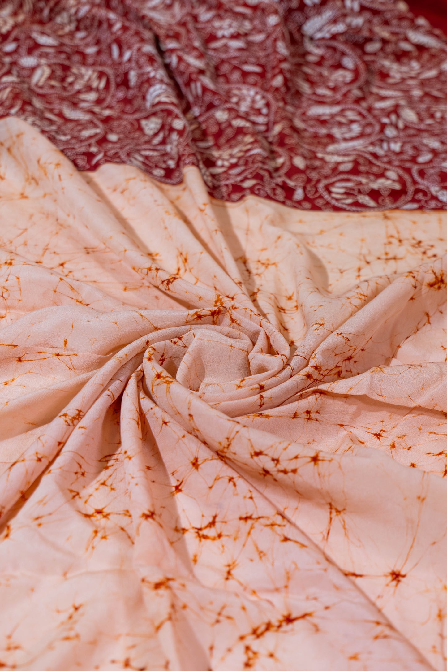 Naagdamini~ Deep Maroon & Ivory Pure Crepe Silk Saree with Hand Batik & Kantha Embroidery – A Heritage Weave from Bengal