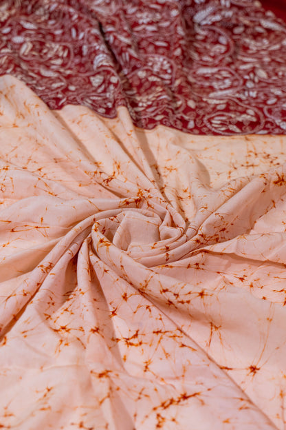 Naagdamini~ Deep Maroon & Ivory Pure Crepe Silk Saree with Hand Batik & Kantha Embroidery – A Heritage Weave from Bengal