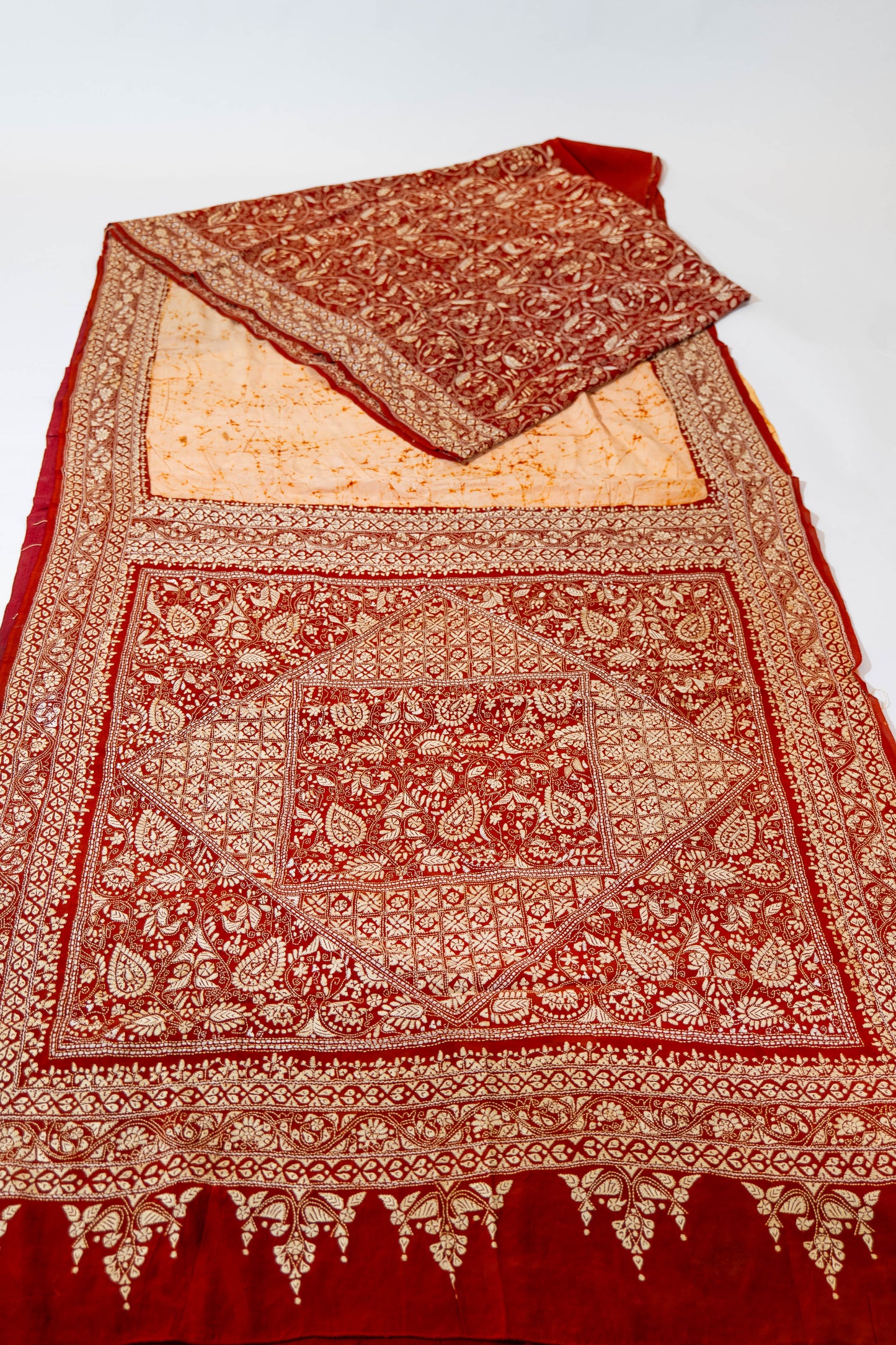 Naagdamini~ Deep Maroon & Ivory Pure Crepe Silk Saree with Hand Batik & Kantha Embroidery – A Heritage Weave from Bengal