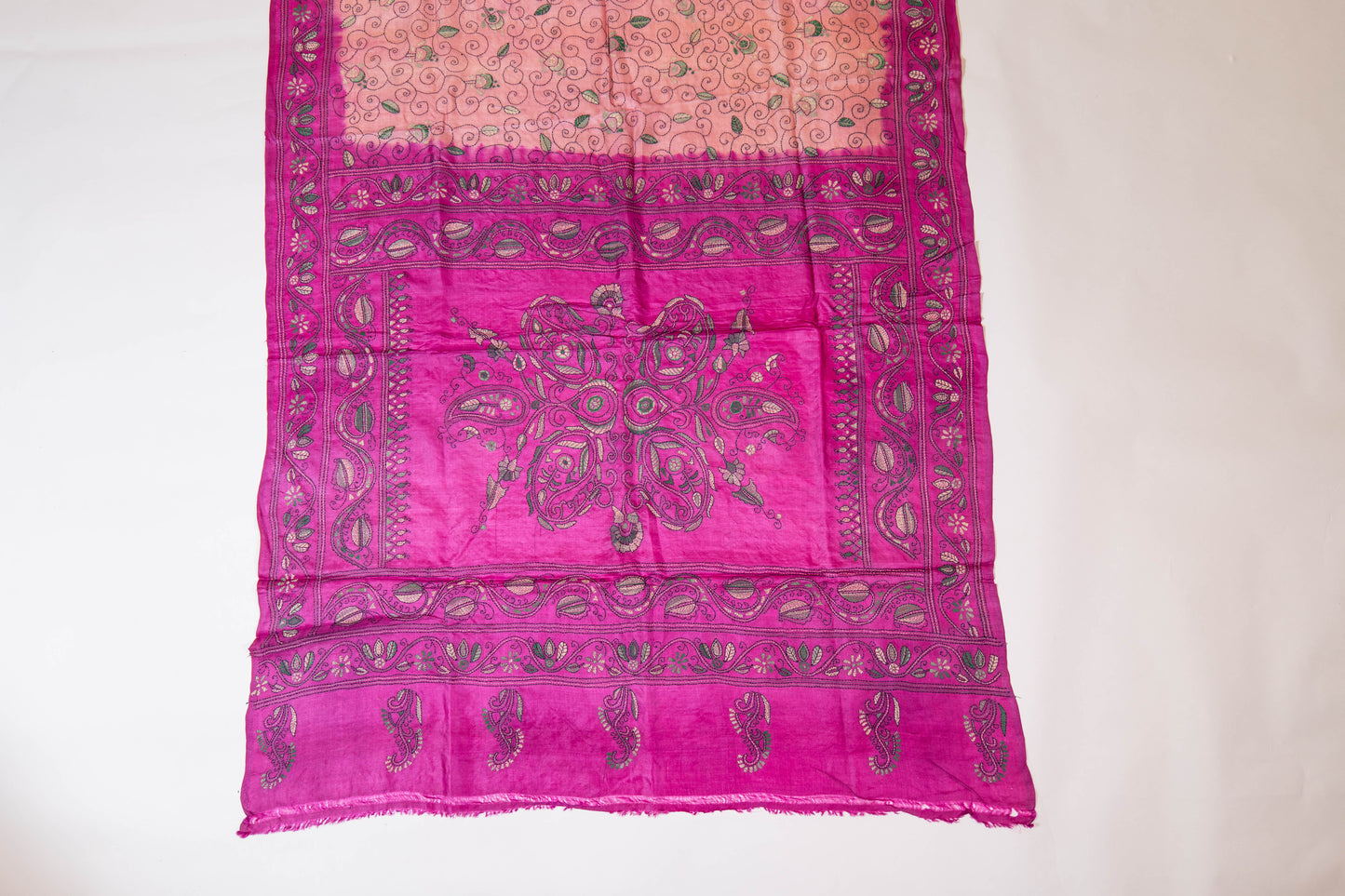Gulmohar~ Amber & Sand-Shaded Pure Tussar Silk Saree with Hand Kantha Embroidery – A Timeless Weave from Bengal
