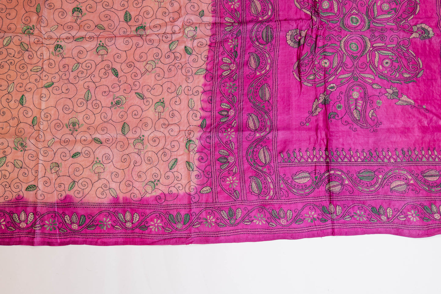 Gulmohar~ Amber & Sand-Shaded Pure Tussar Silk Saree with Hand Kantha Embroidery – A Timeless Weave from Bengal