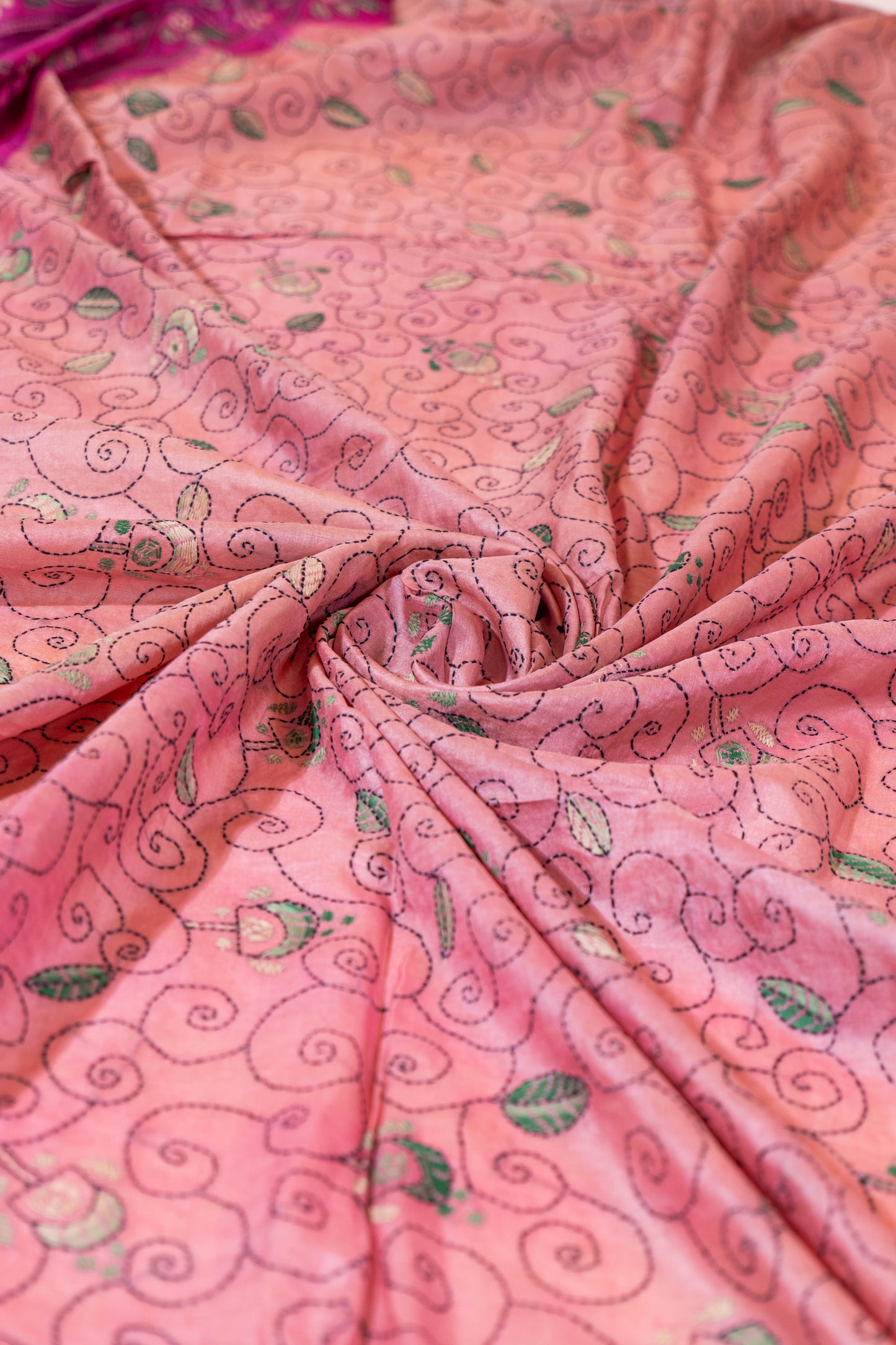 Gulmohar~ Amber & Sand-Shaded Pure Tussar Silk Saree with Hand Kantha Embroidery – A Timeless Weave from Bengal