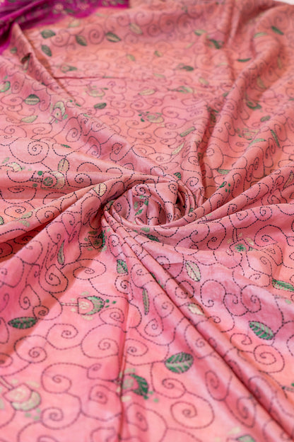 Gulmohar~ Amber & Sand-Shaded Pure Tussar Silk Saree with Hand Kantha Embroidery – A Timeless Weave from Bengal
