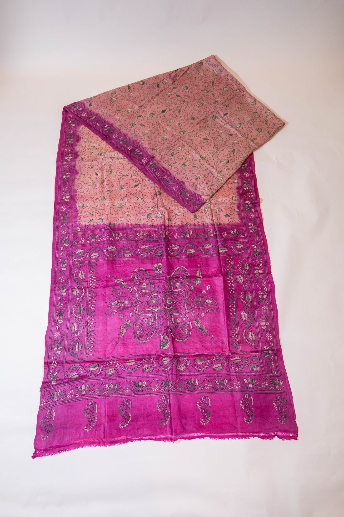 Gulmohar~ Amber & Sand-Shaded Pure Tussar Silk Saree with Hand Kantha Embroidery – A Timeless Weave from Bengal