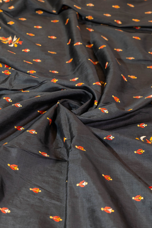 Amaltaas~ Midnight Blue Pure Bangalore Silk Saree with Reverse Kantha Hand Embroidery – A Contemporary Take on a Bengal Classic