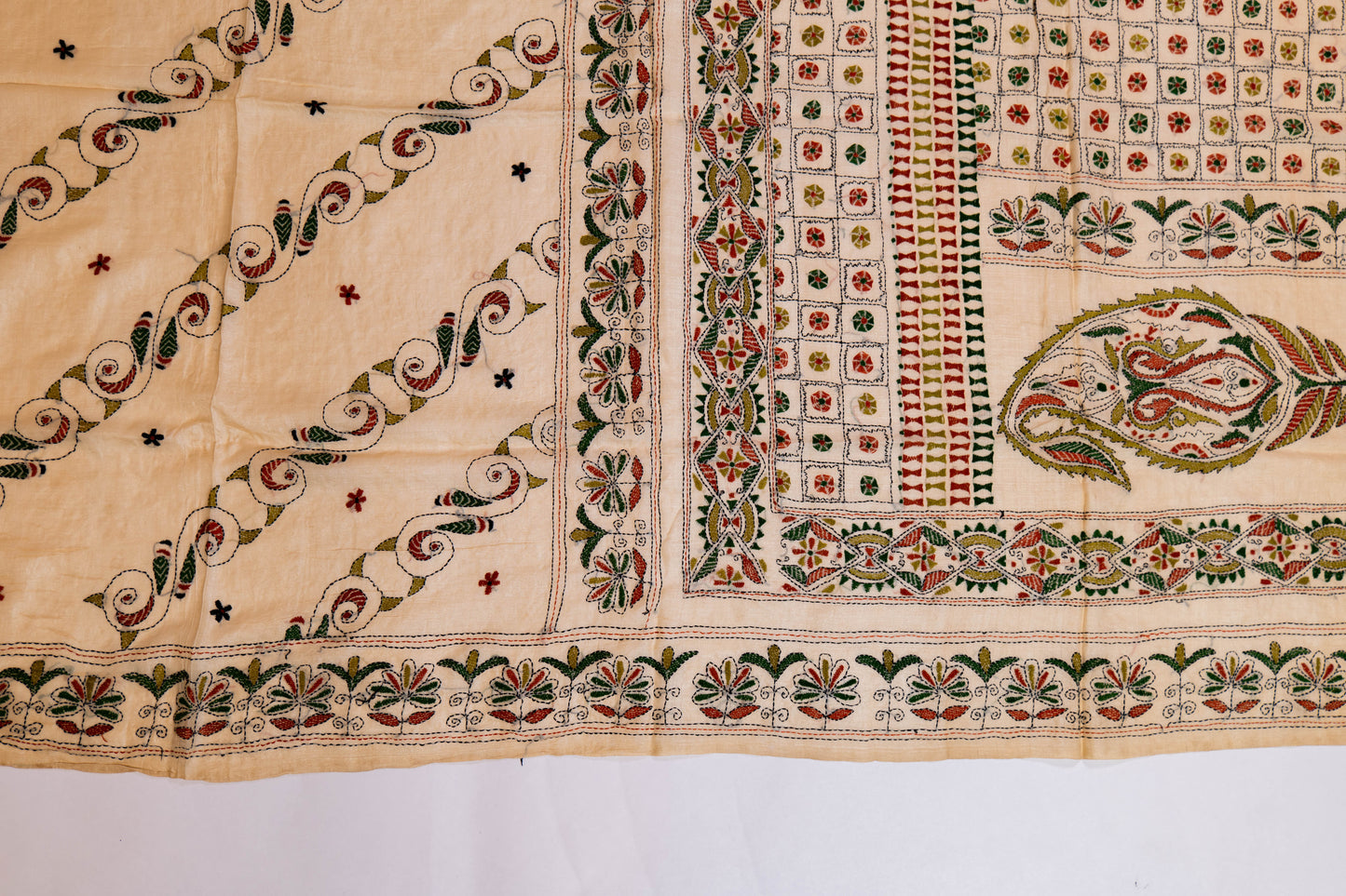 Chhuimui~ Natural Beige Pure Tussar Silk Saree with Hand Kantha Embroidery – A Classic from Bengal’s Looms
