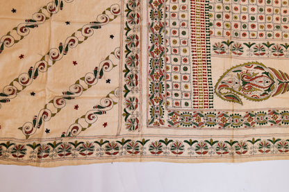 Chhuimui~ Natural Beige Pure Tussar Silk Saree with Hand Kantha Embroidery – A Classic from Bengal’s Looms