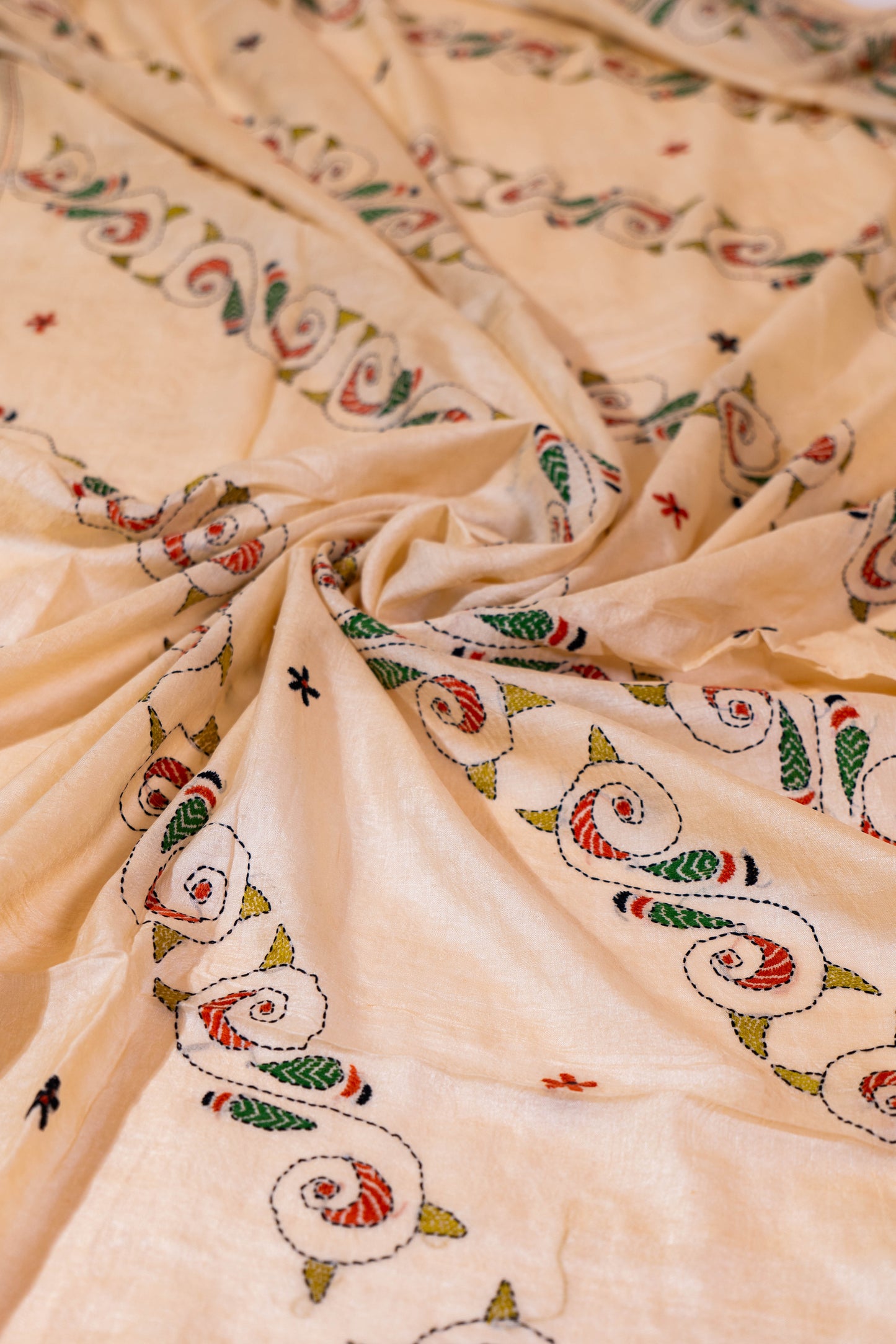 Chhuimui~ Natural Beige Pure Tussar Silk Saree with Hand Kantha Embroidery – A Classic from Bengal’s Looms