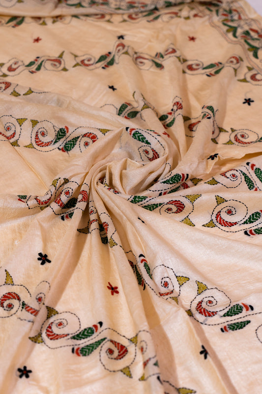 Chhuimui~ Natural Beige Pure Tussar Silk Saree with Hand Kantha Embroidery – A Classic from Bengal’s Looms
