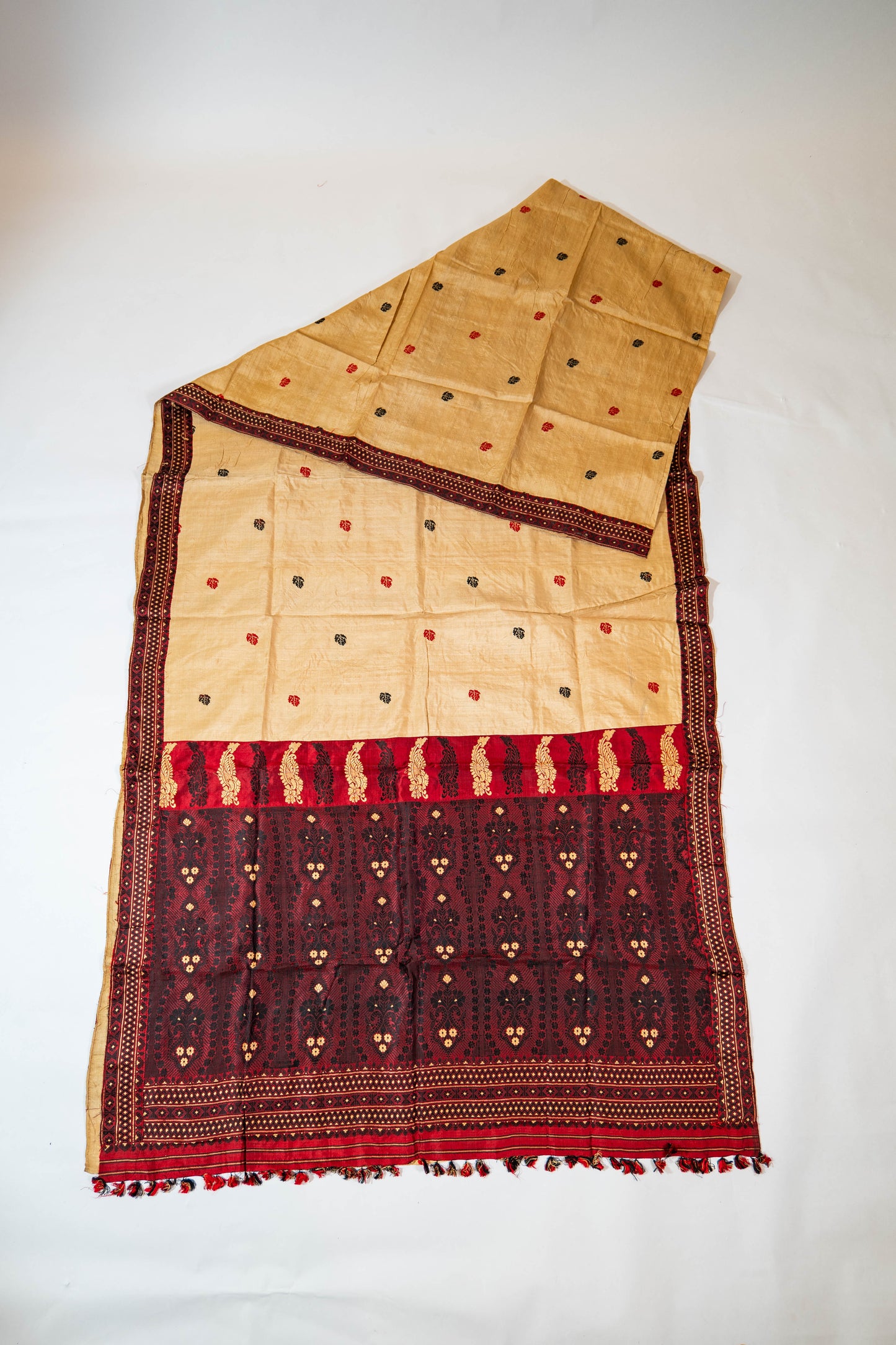 Chandan~ Sandalwood & Garnet Assam Mulberry Silk Saree – A Refined Weave from the Northeast