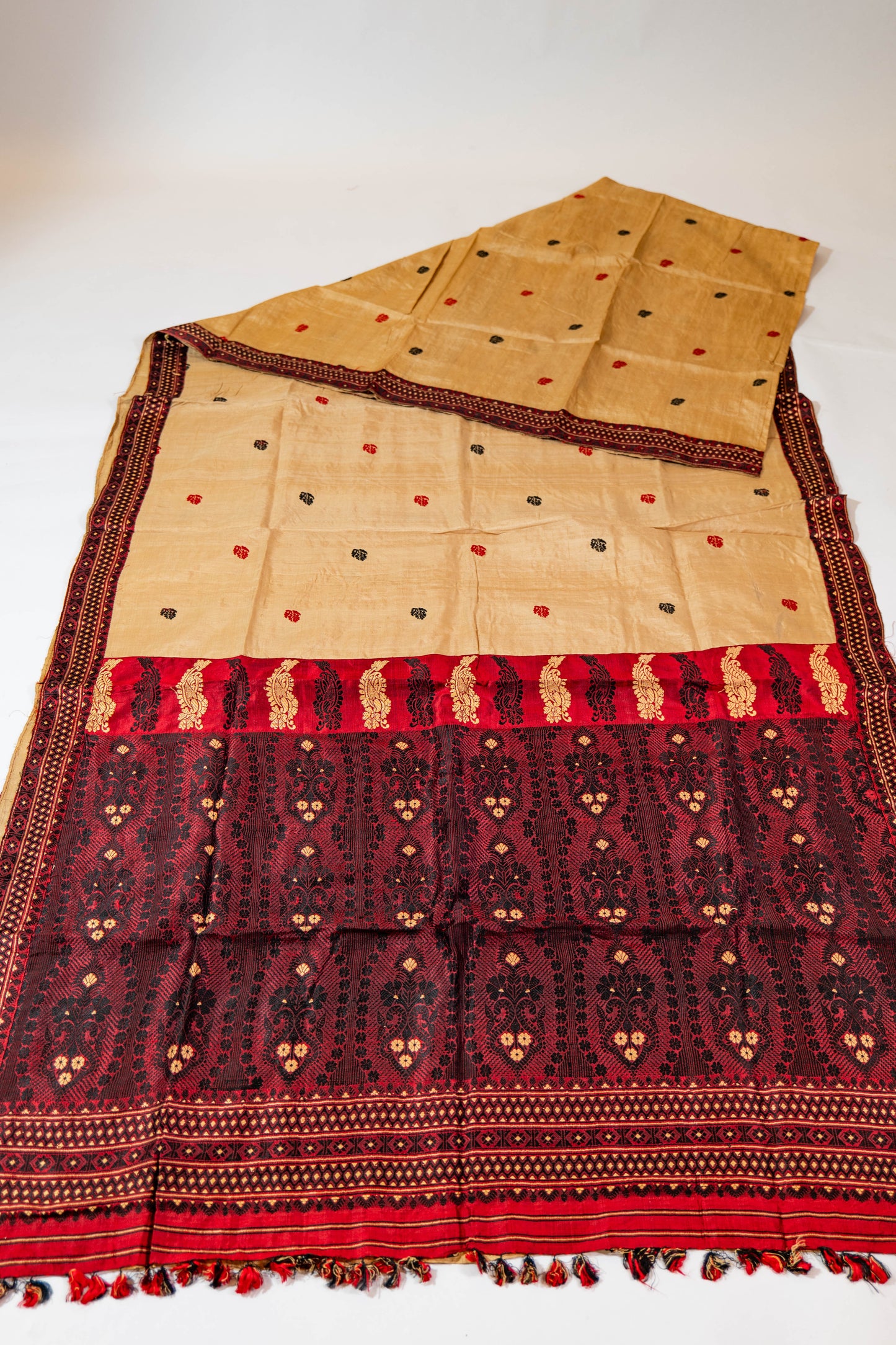 Chandan~ Sandalwood & Garnet Assam Mulberry Silk Saree – A Refined Weave from the Northeast