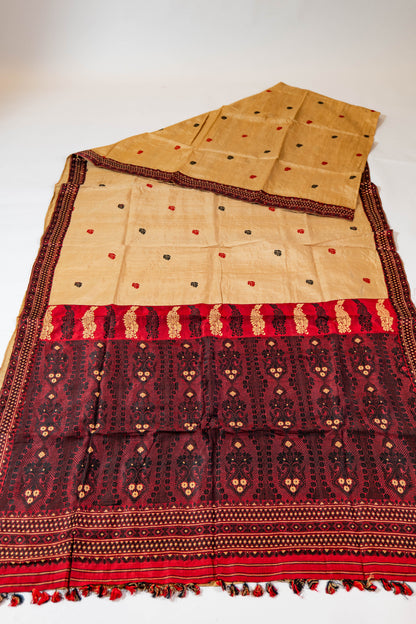 Chandan~ Sandalwood & Garnet Assam Mulberry Silk Saree – A Refined Weave from the Northeast