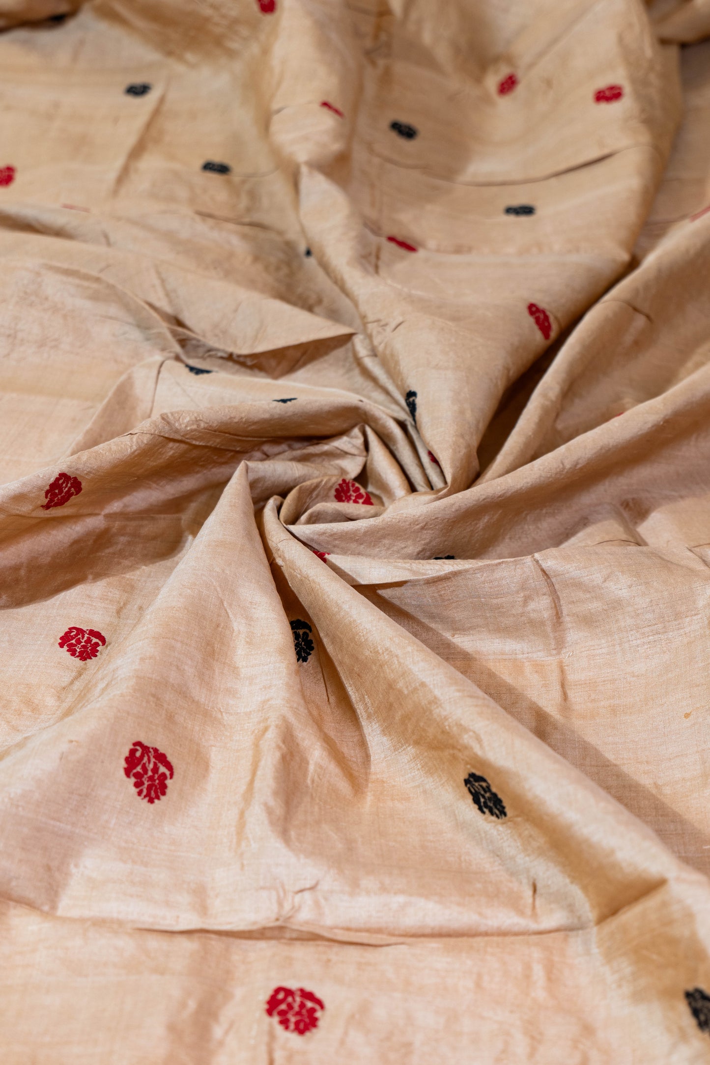 Chandan~ Sandalwood & Garnet Assam Mulberry Silk Saree – A Refined Weave from the Northeast