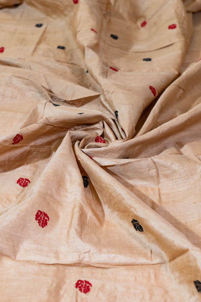 Chandan~ Sandalwood & Garnet Assam Mulberry Silk Saree – A Refined Weave from the Northeast