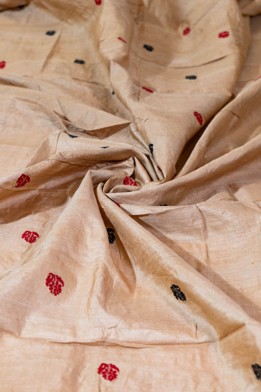 Chandan~ Sandalwood & Garnet Assam Mulberry Silk Saree – A Refined Weave from the Northeast