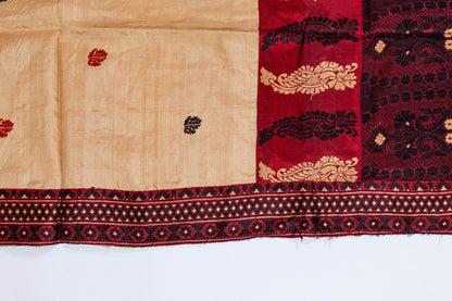 Chandan~ Sandalwood & Garnet Assam Mulberry Silk Saree – A Refined Weave from the Northeast
