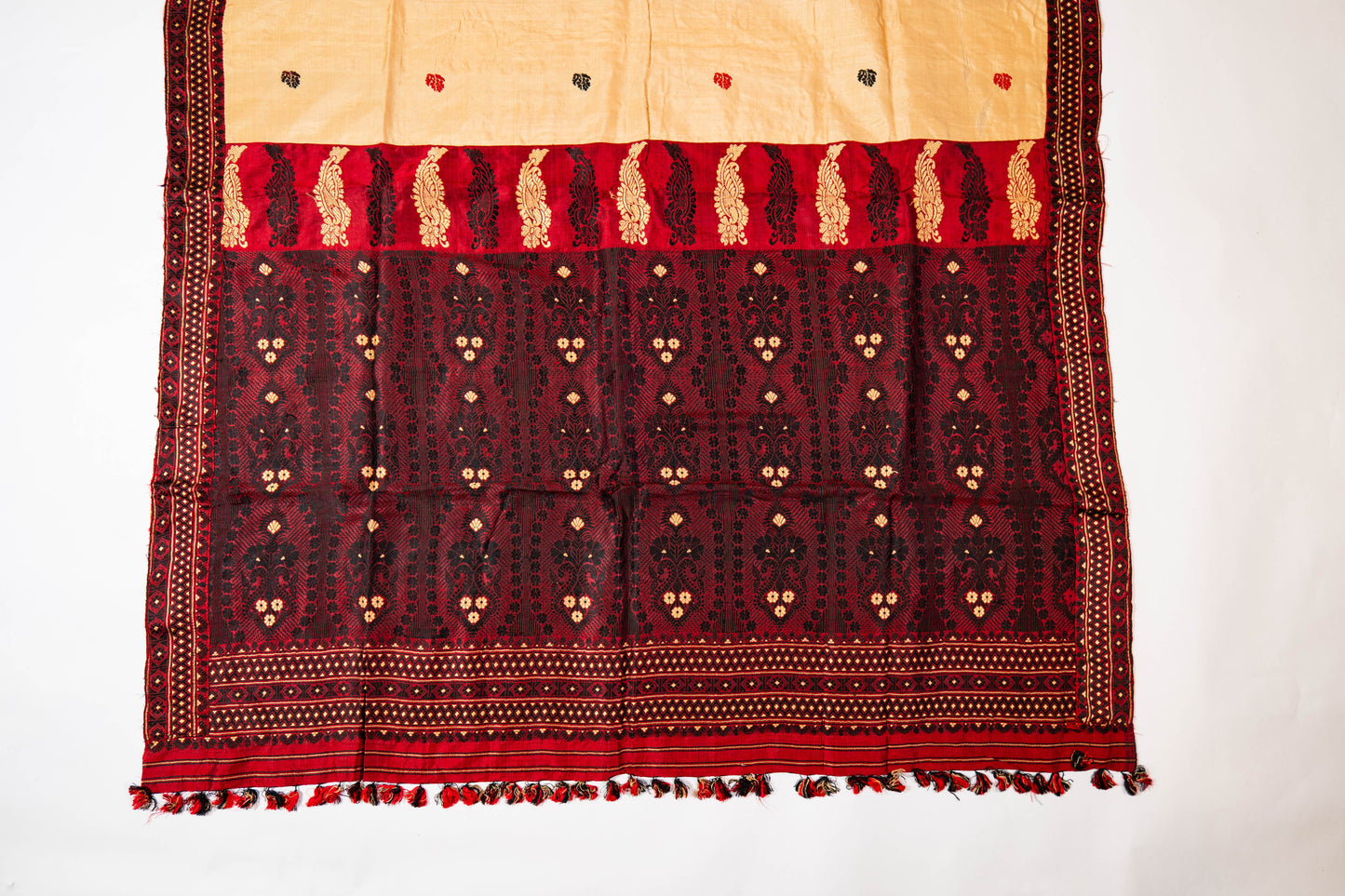 Chandan~ Sandalwood & Garnet Assam Mulberry Silk Saree – A Refined Weave from the Northeast