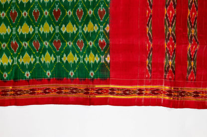 Gulmehendi~ Red & Green Pure Silk Pochampally Saree – A Vibrant Ikkat Weave from Telangana