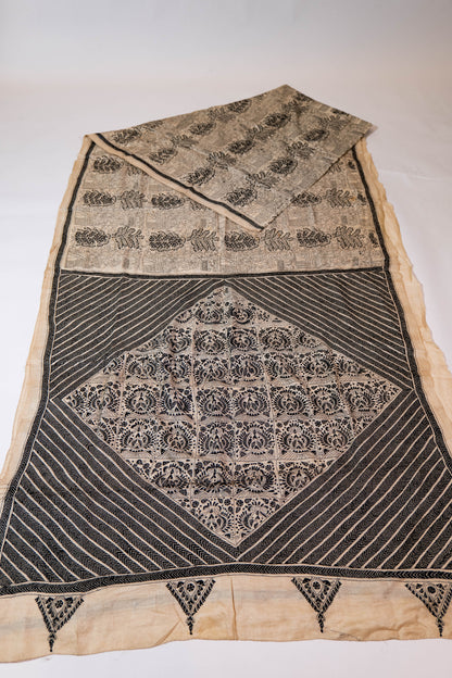 Gulbahar~ Pure Tussar Silk Saree with Monotone Thread Kantha Embroidery – Handcrafted Elegance from Bengal