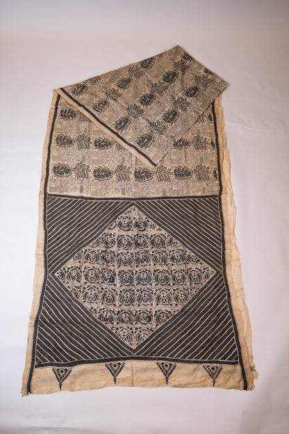 Gulbahar~ Pure Tussar Silk Saree with Monotone Thread Kantha Embroidery – Handcrafted Elegance from Bengal