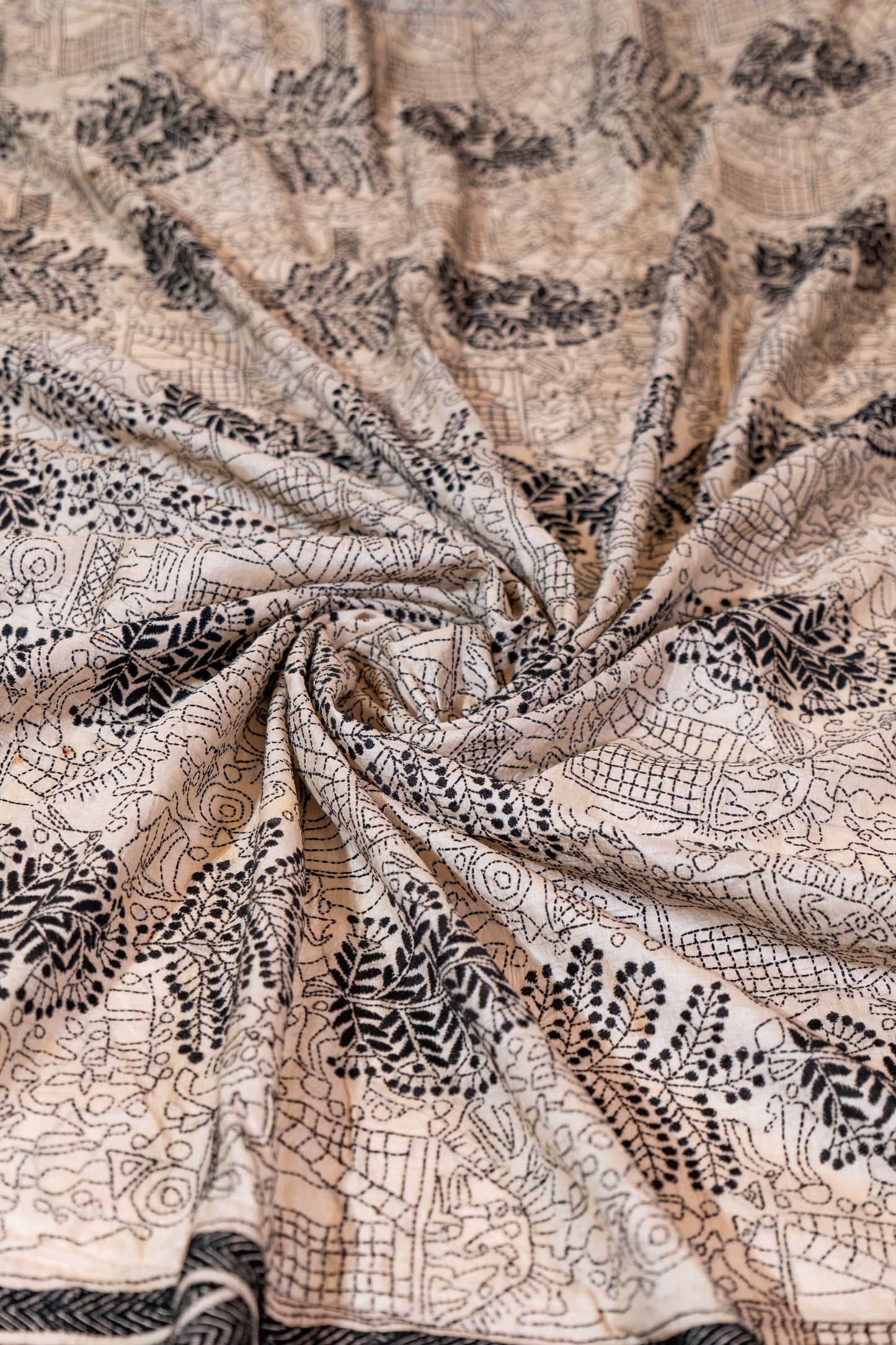 Gulbahar~ Pure Tussar Silk Saree with Monotone Thread Kantha Embroidery – Handcrafted Elegance from Bengal