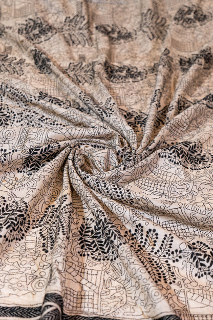 Gulbahar~ Pure Tussar Silk Saree with Monotone Thread Kantha Embroidery – Handcrafted Elegance from Bengal