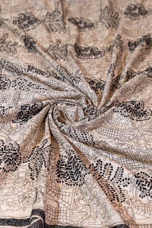 Gulbahar~ Pure Tussar Silk Saree with Monotone Thread Kantha Embroidery – Handcrafted Elegance from Bengal