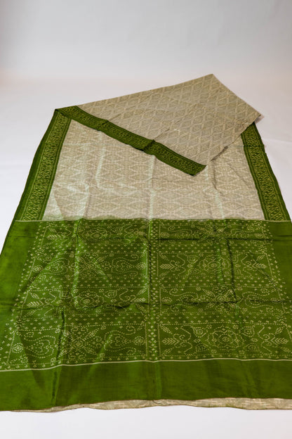 Maulshree~ Pure Silk Single Ikkat Saree in Eggshell White & Sap Green – Handwoven Elegance