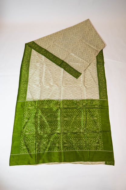 Maulshree~ Pure Silk Single Ikkat Saree in Eggshell White & Sap Green – Handwoven Elegance