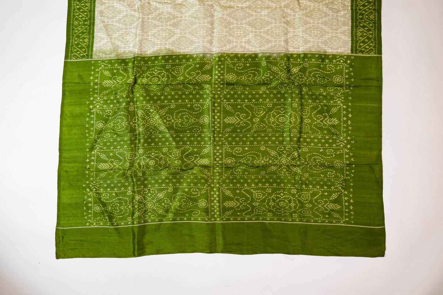 Maulshree~ Pure Silk Single Ikkat Saree in Eggshell White & Sap Green – Handwoven Elegance
