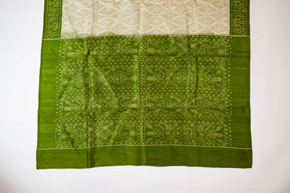 Maulshree~ Pure Silk Single Ikkat Saree in Eggshell White & Sap Green – Handwoven Elegance