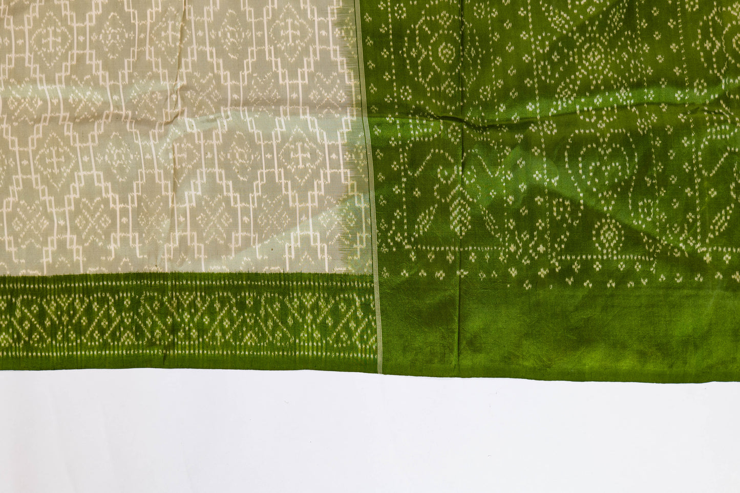 Maulshree~ Pure Silk Single Ikkat Saree in Eggshell White & Sap Green – Handwoven Elegance