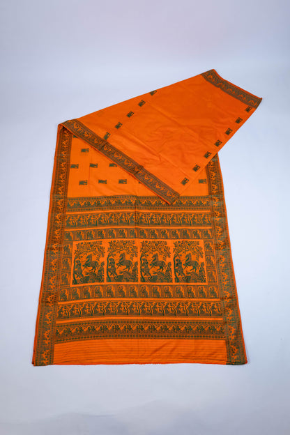 Aadarshini~ Fanta Orange & Green Baluchari Pure Silk Saree