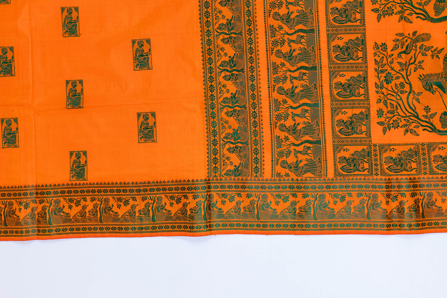 Aadarshini~ Fanta Orange & Green Baluchari Pure Silk Saree