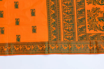 Aadarshini~ Fanta Orange & Green Baluchari Pure Silk Saree