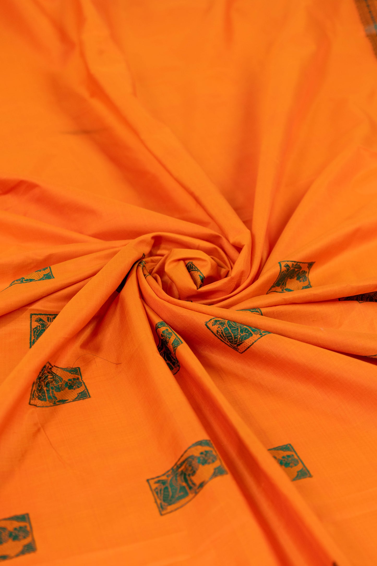Aadarshini~ Fanta Orange & Green Baluchari Pure Silk Saree