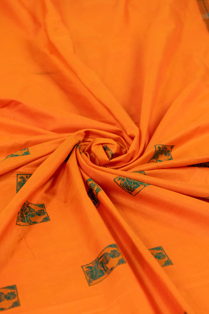Aadarshini~ Fanta Orange & Green Baluchari Pure Silk Saree
