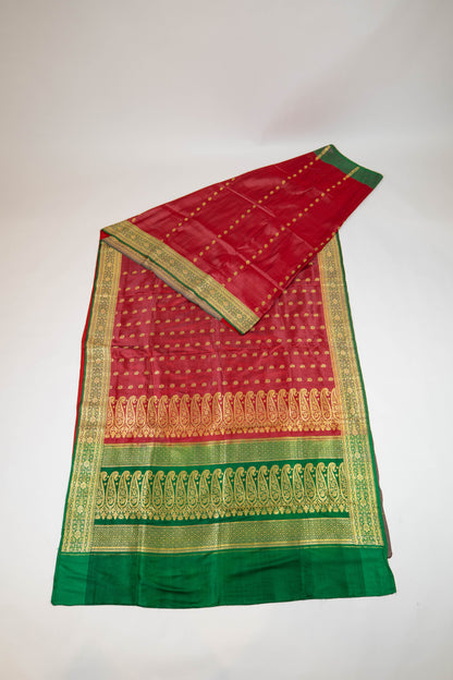 Veda~ Pinkish Red & Green Banarasi Saree