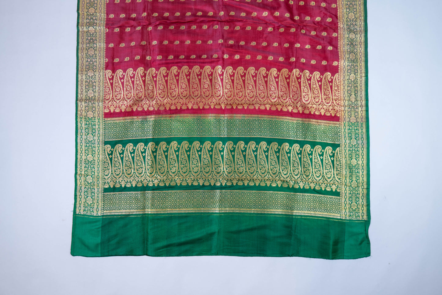 Veda~ Pinkish Red & Green Banarasi Saree