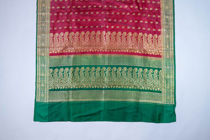 Veda~ Pinkish Red & Green Banarasi Saree