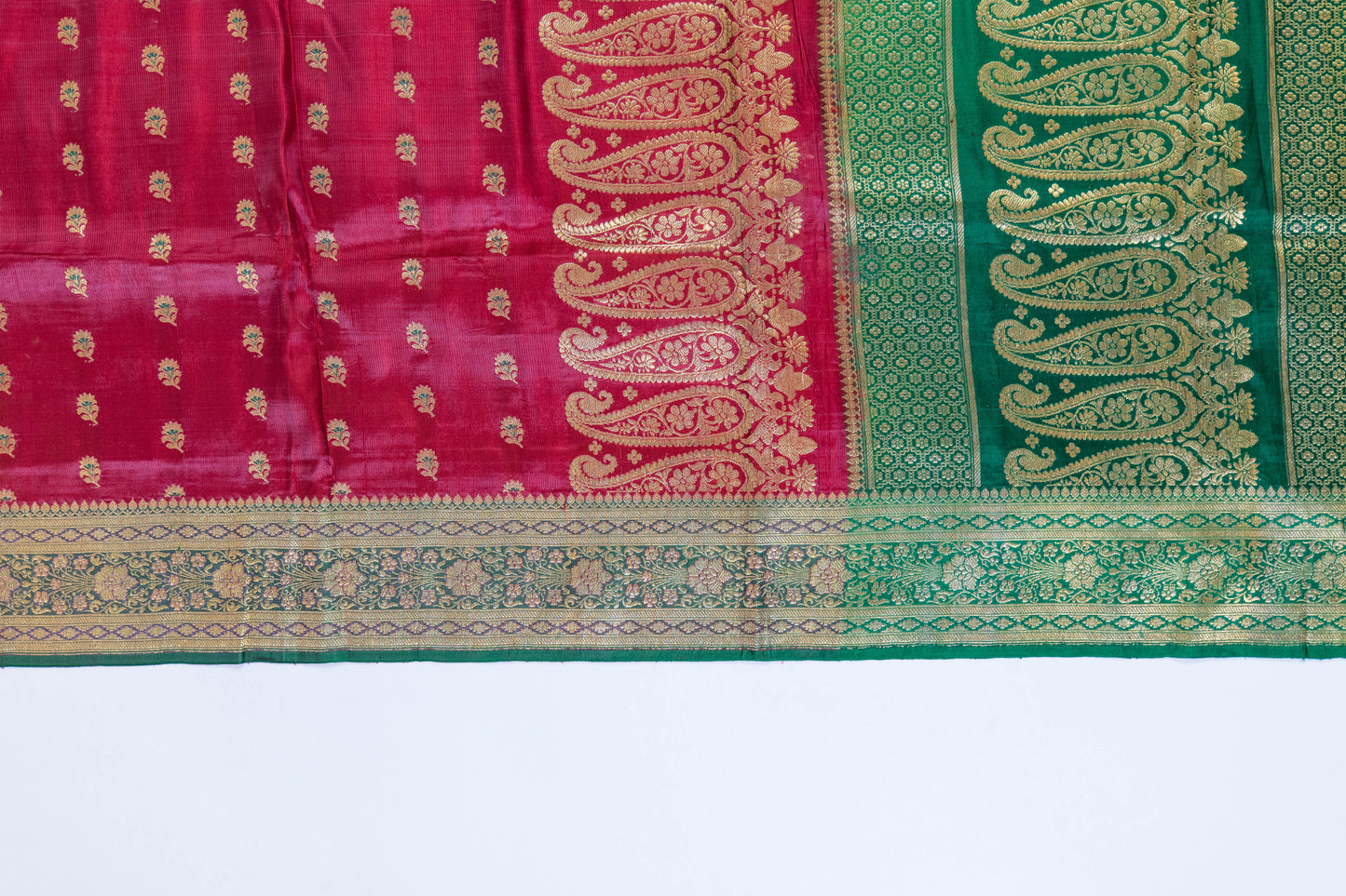 Veda~ Pinkish Red & Green Banarasi Saree