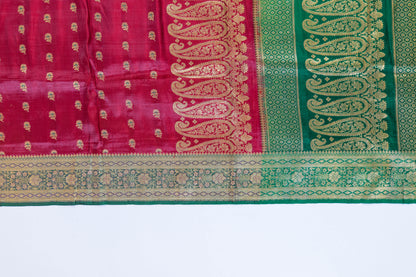 Veda~ Pinkish Red & Green Banarasi Saree
