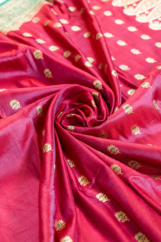 Veda~ Pinkish Red & Green Banarasi Saree