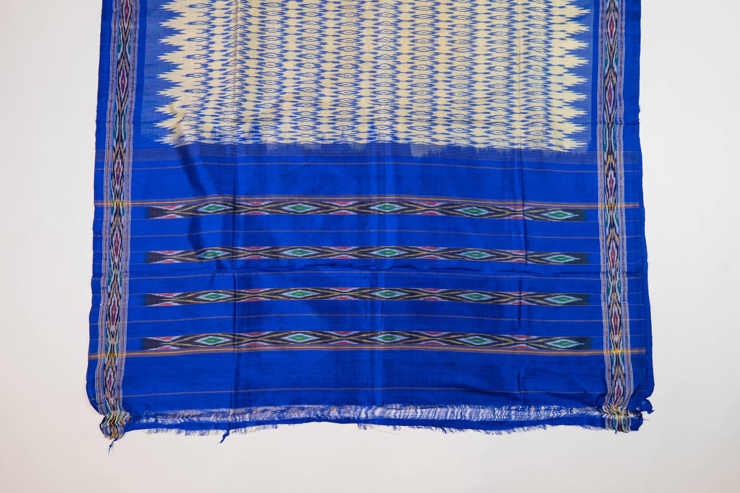 Aashika~ Cream & Blue Pochampally Pure Silk Saree