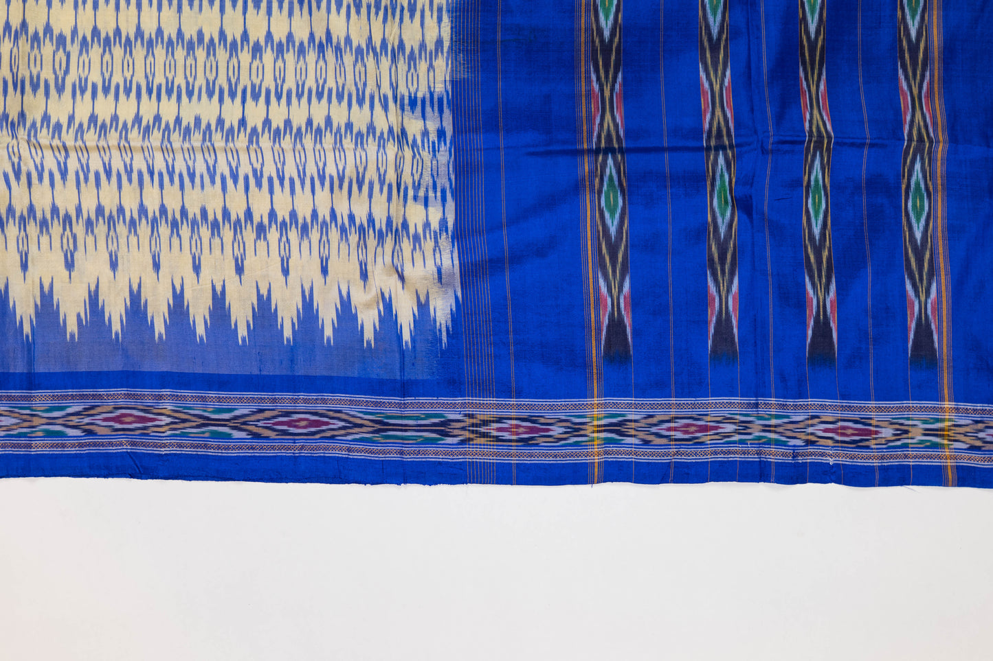 Aashika~ Cream & Blue Pochampally Pure Silk Saree