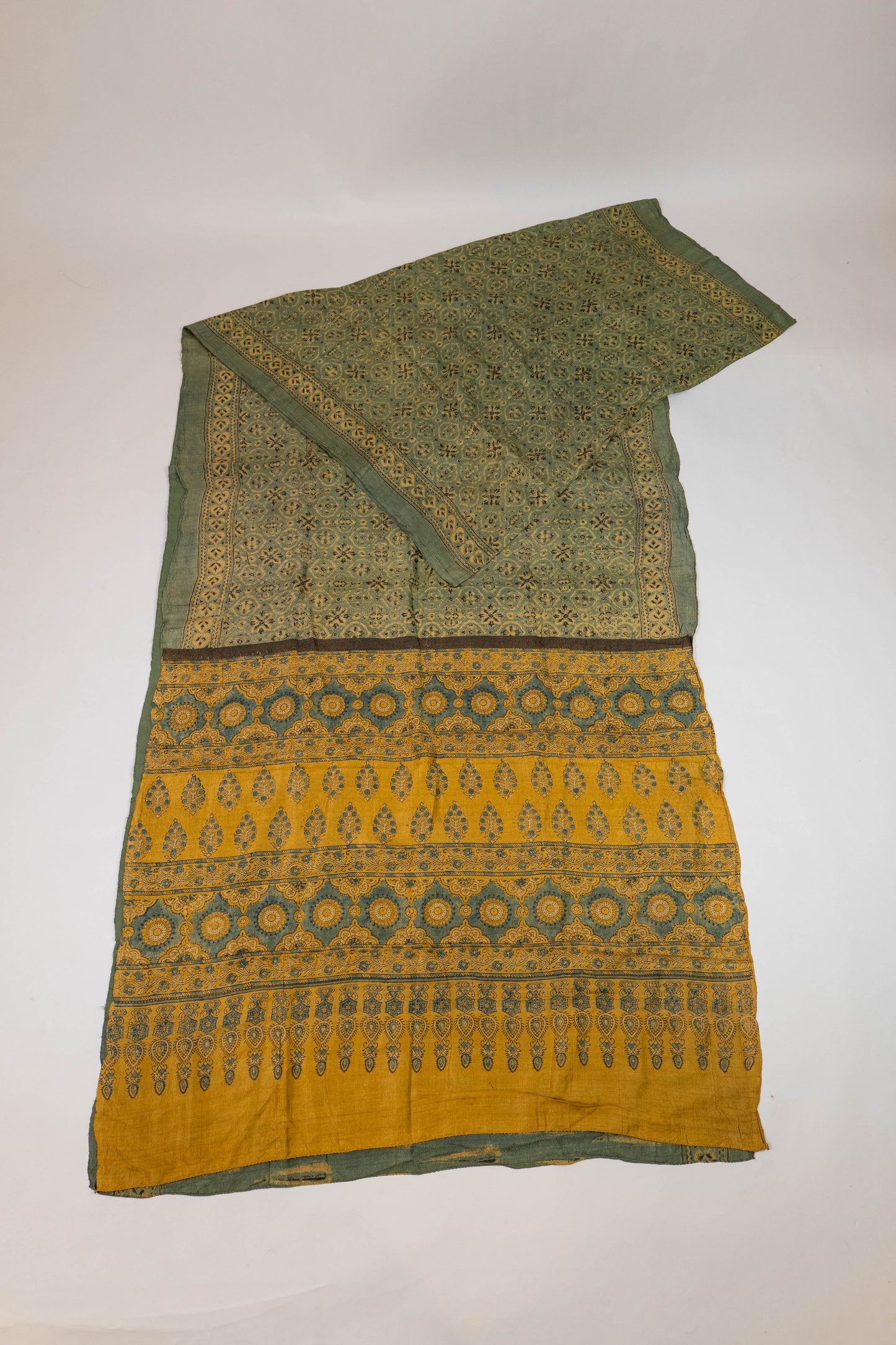 Aishwarya~ Sage Green Tussar Silk Ajrakh Block Printed Saree