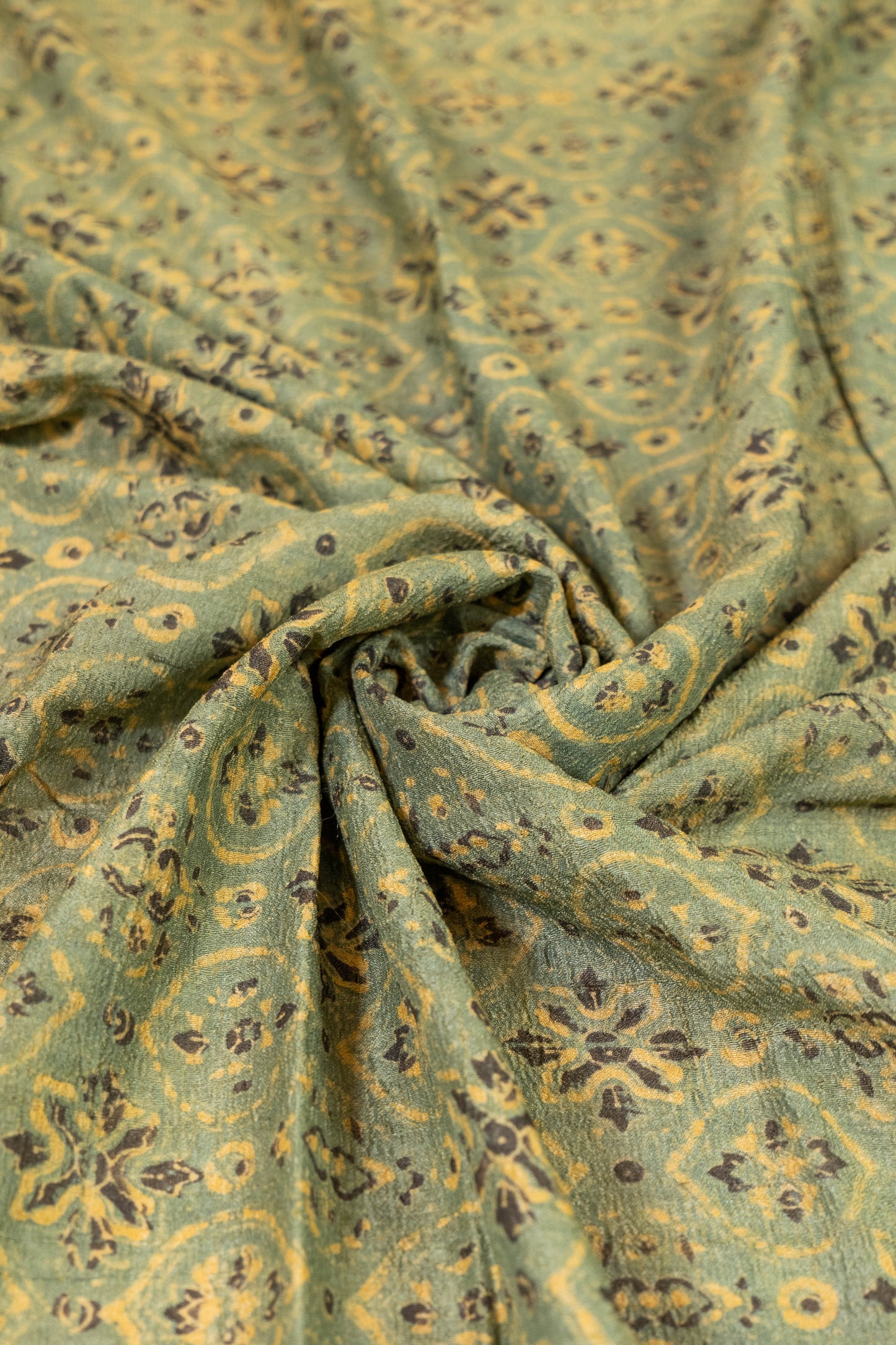Aishwarya~ Sage Green Tussar Silk Ajrakh Block Printed Saree